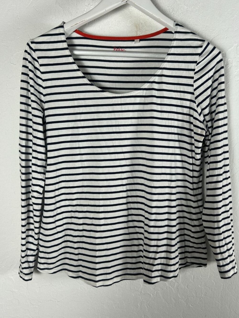 Boden Womens White Navy Striped Scoop Neck Long Sleeve Top Size 12 Cotton Blend